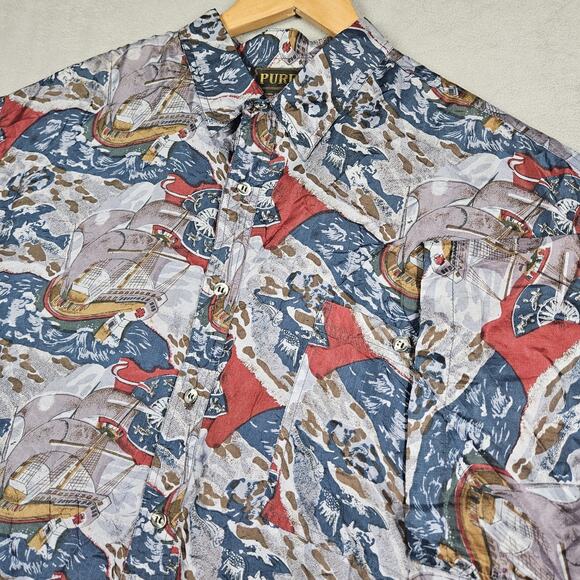 Pure Other - Vintage Pure Silk Shirt Mens Large Nautical Boating Ship Captian Blue Cruise AOP